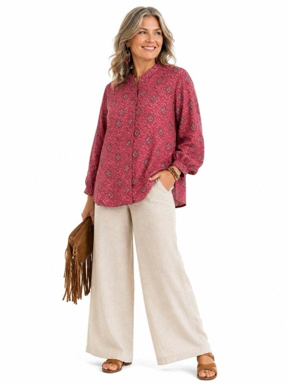 TravelSmith Printed Blouse XL Button Front Travel Tunic Lightweight Top Red